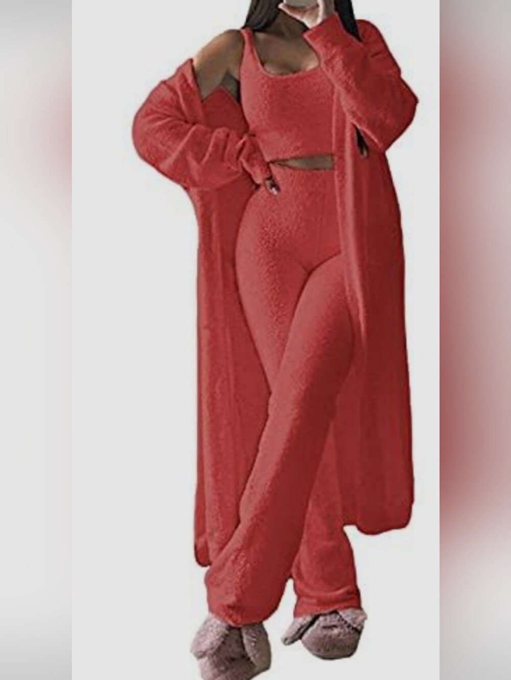 Coral Knit Cardigan + Tank + Pants Set
